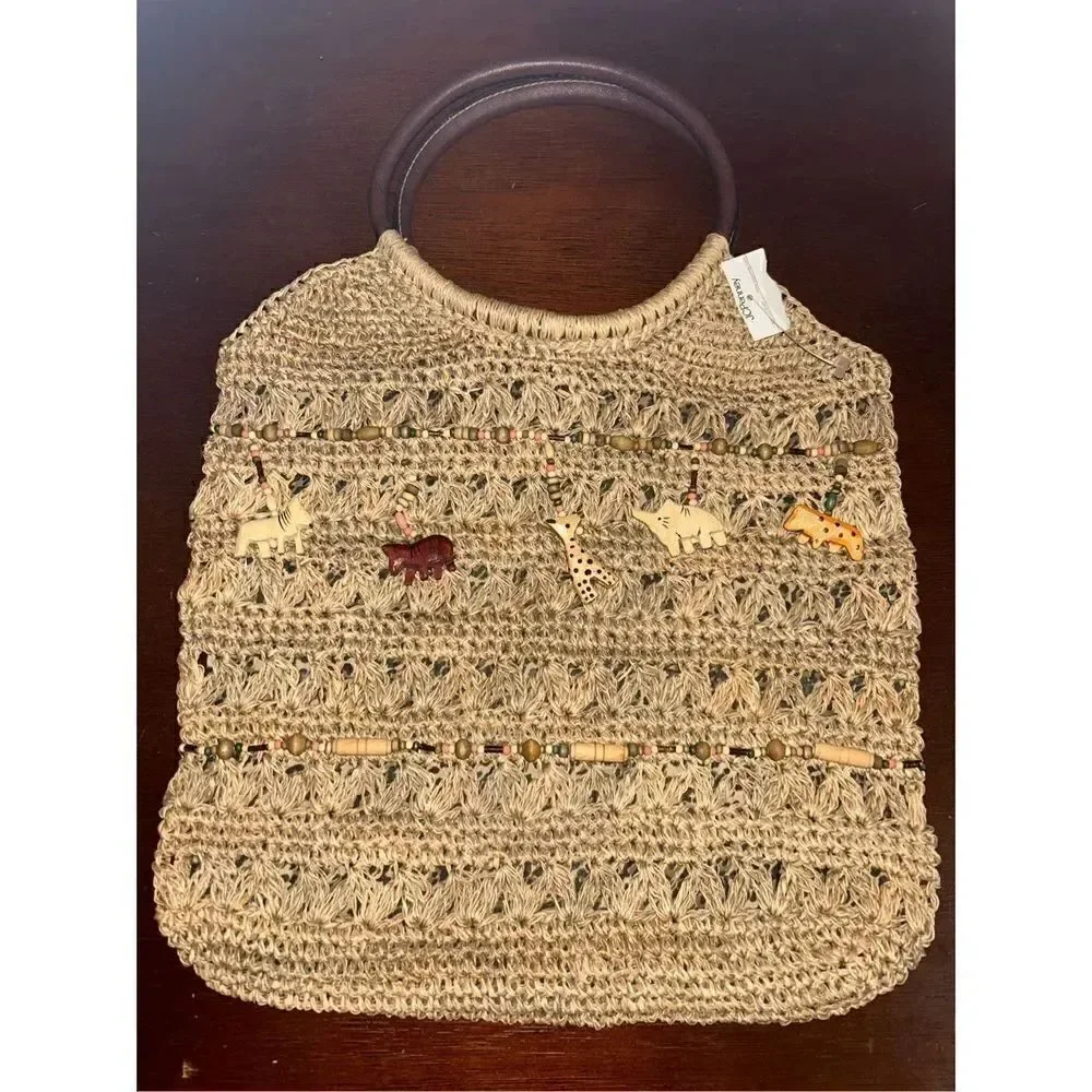 NWT St. John’s bay straw Rafia bag with wooden handles and animals